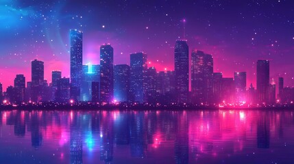 Fototapeta premium Breathtaking Cityscape at Dusk with Illuminated Skyscrapers and a Vibrant Skyline Reflecting on the Calm Water Creating a Dynamic Urban Atmosphere and Captivating Nighttime View