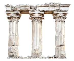 Damaged marble columns from ancient architecture, isolated on transparent cutout background