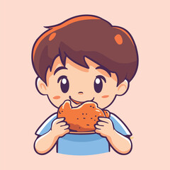 A cute boy eating fried chicken Cartoon Vector Illustration