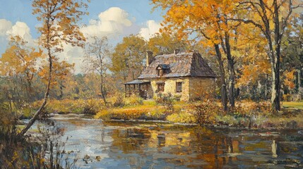 Cozy Cottage by the Reflective River Surrounded by Vibrant Autumn Foliage in a Tranquil Landscape Scene