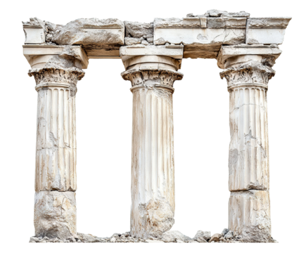 Damaged marble columns from ancient architecture, isolated on transparent cutout background