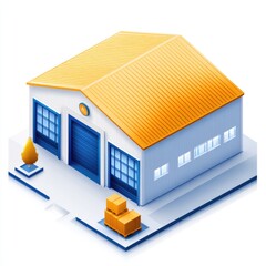 Modern Industrial Warehouse with Orange Roof and Blue Accents Surrounded by Boxes and Trees