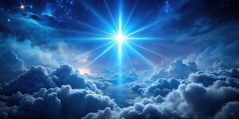A bright blue star shines through a veil of dark blue and gray clouds in the night sky, with rays of light illuminating the surrounding atmosphere , Celestial Scene, Night Sky