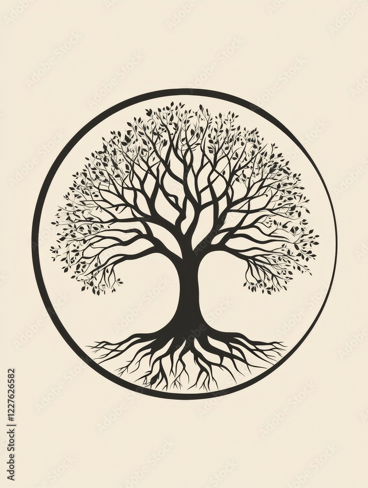 Poster Symbolic tree of life with intricate branches and visible roots in a circular design. Generative AI