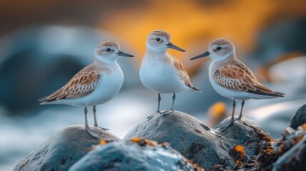 Three sandpiper birds stand on rocks with a blurry background featuring a soft color scheme
