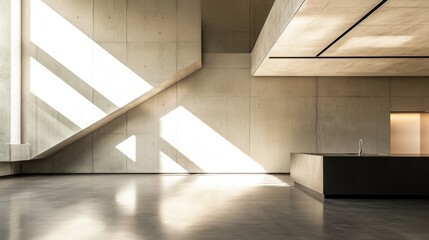 Minimalistic modern kitchen interior with concrete walls and ample natural light casting shadows on sleek surfaces