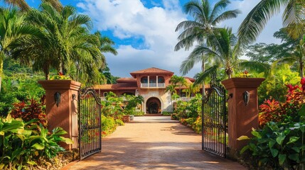 Fototapeta premium Tropical Luxury Villa Entrance with Palm Trees Lush Garden Resort Style Architecture and Elegant Gates