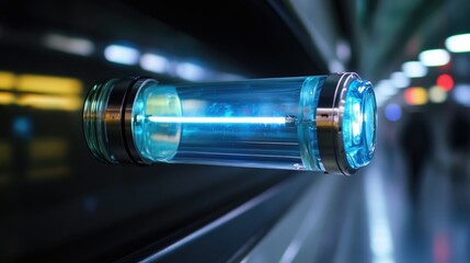Illuminated Glass Tube Flashlight on Metro Platform with Soft Ambient Lighting