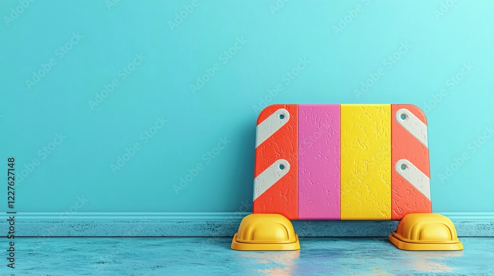Aufkleber Illustration of a roadblock with a rainbow background representing challenges to progress Stock Photo with side copy space