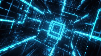 A captivating tech-inspired grid with glowing neon lines interconnected within a dark space