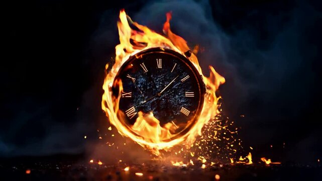 Dramatic image of a clock engulfed in flames symbolizing burning time