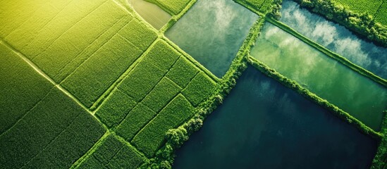 Expansive aerial view of lush green fields and tranquil fish ponds with ample copyspace for promotional content or text overlay.