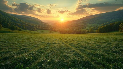 Sunset over green valley pasture, scenic landscape