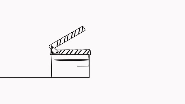 Animated clapper board and film reel continuous one line drawing. Filmstrip linear element video. Movie scene episode production concept animation.