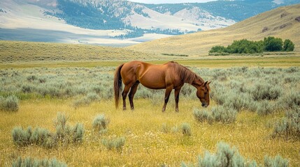 Obraz premium Horse grazing in a serene open pasture surrounded by lush greenery and rolling hills under a clear blue sky