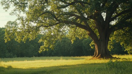 Fototapeta premium Majestic oak tree casting shade on vibrant green summer field under warm sunlight