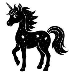 Cute Unicorn Silhouette Line Art  Black Vector Carton Illustration