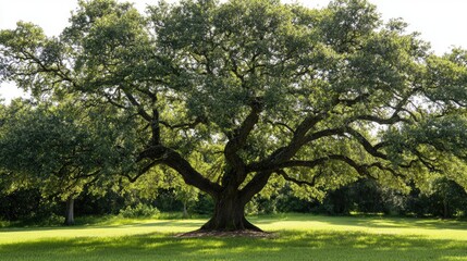 Obraz premium Majestic oak tree spreading its branches over a vibrant green summer field under clear blue skies.