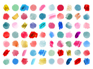 Set of pink, blue, green, red, gold watercolor and ink hand painted different shapes, stains, circles, blobs isolated on white background. Vector elements for design