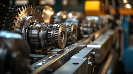 Naklejka premium Industrial gears and components in an automotive manufacturing facility showcasing precision engineering and advanced machinery technology