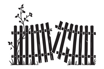 Broken Wooden Fence Silhouette Illustration with Plant