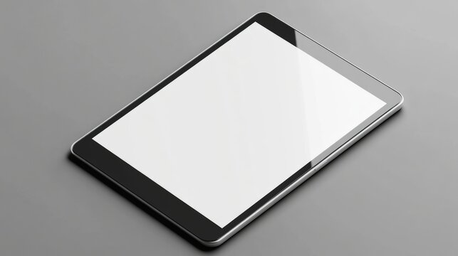 Modern tablet mockup on a gray surface with a blank screen and soft shadows for digital display or design presentations.