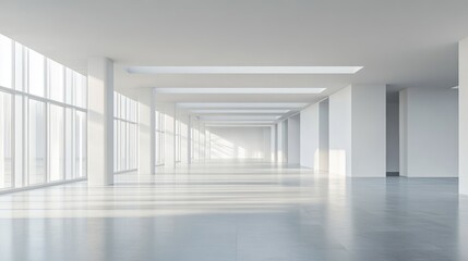 Fototapeta premium Modern minimalist open office interior showcasing expansive light-filled space with large windows and neutral color palette.