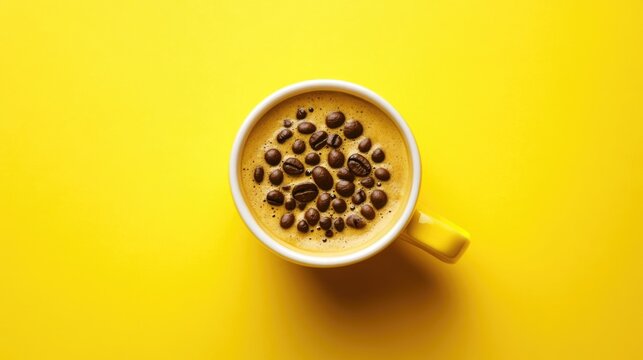 Coffee Cup with Coffee Beans on Yellow Background Ideal for Java Programming Themes and Creative Projects