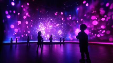 A vibrant scene with colorful lights and silhouettes of people enjoying an immersive digital art installation.