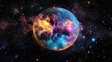Glowing cosmic nebula and stargazer bubble in vibrant colors macro shot of the night sky with stars and celestial elements.
