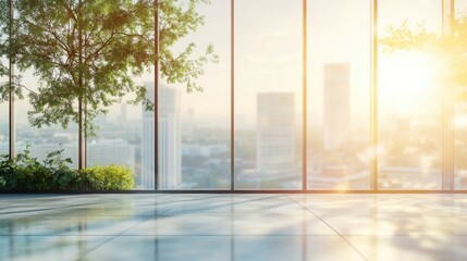 Transparent glass facade in a sunlit modern room showcasing urban scenery and greenery with soft natural light illuminating the space