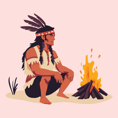 Male north american indian sitting before a fire Cartoon Vector Icon Illustration