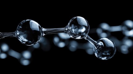 Macro view of melatonin molecule structure with transparent spheres on a black background showcasing molecular composition and scientific research.