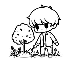 cute boy at the garden illustration for coloring books