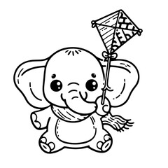 cute illustration of elephant holding a kite for coloring book 