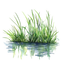 Obraz premium Lush Green Grass Growing Along a Tranquil Water's Edge in a Serene Natural Setting