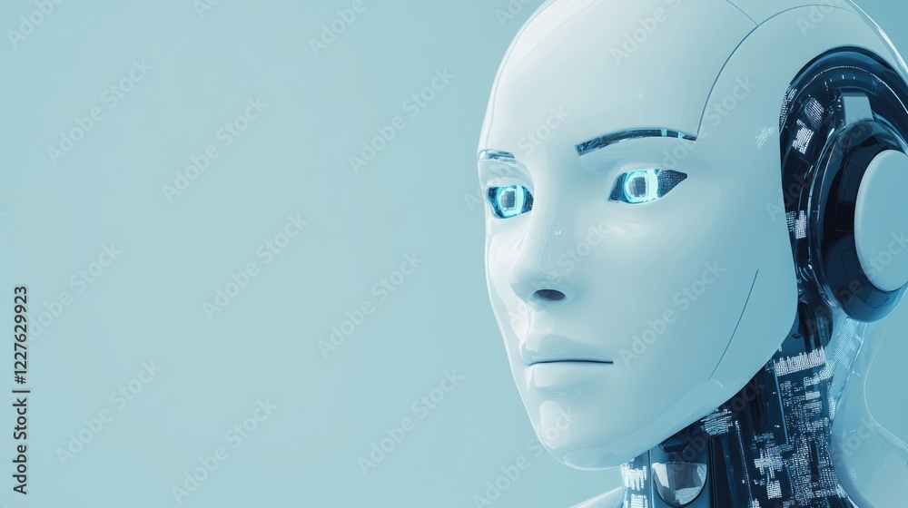 Poster ai technology and ethical data analytics concept with futuristic robot face and space for text in so