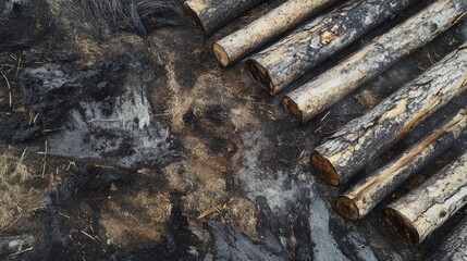 Wooden logs arranged on a textured ground with visible metal traces and empty space for text in a natural landscape setting.