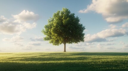 Fototapeta premium Solitary large tree standing in a vibrant green field under a clear blue sky with soft clouds on a sunny afternoon.