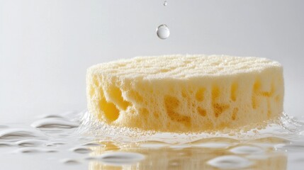 Sponge droplet on a white background with smooth water droplets symbolizing cleanliness and freshness in household cleaning concepts