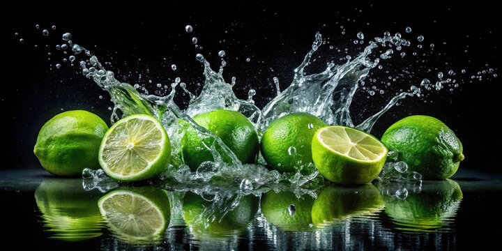 Green limes submerged in a splash of water on a dark black background, creating ripples and reflections