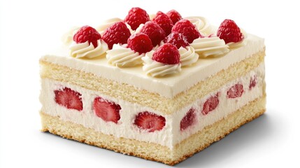 Layered Vanilla Cake with Fresh Raspberries and Creamy Frosting Topped with Decorative Swirls and Berries