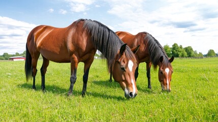 Fototapeta premium Two Brown Horses Grazing in a Lush Green Pasture