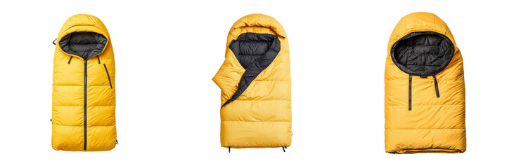 Outdoor adventure gear yellow sleeping bag on a transparent background