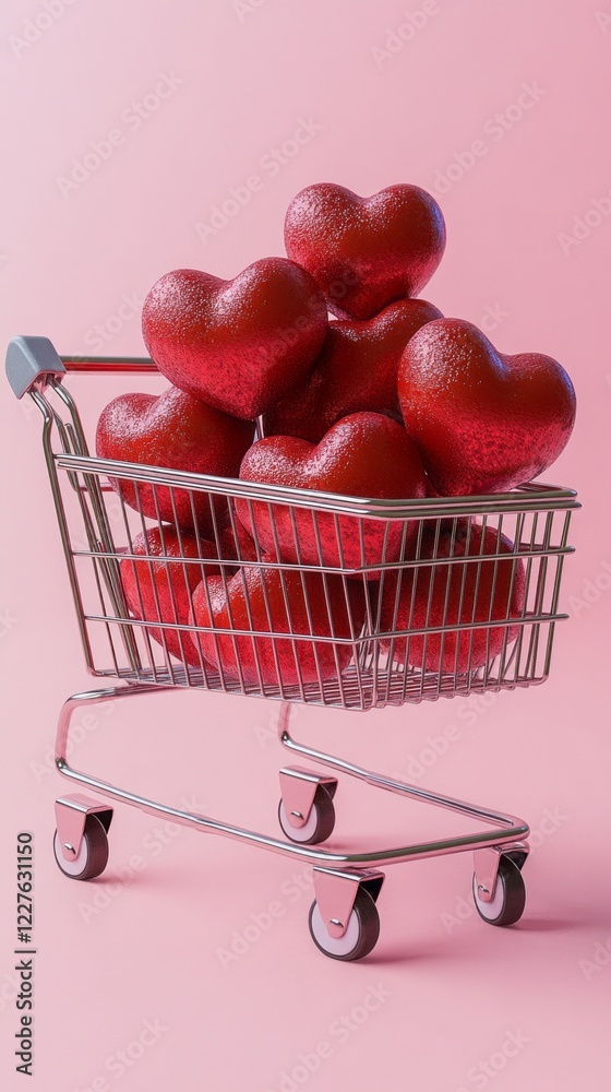 Poster a gleaming shopping cart is filled to the brim with bright red heart shapes, creating a playful and 
