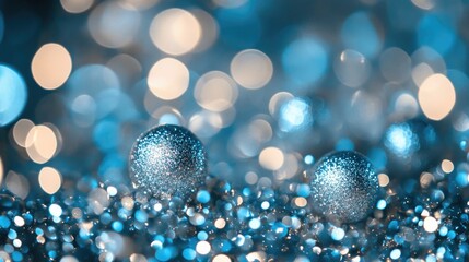 Macro close up of sparkling blue holiday ornament spheres against a blurred light bokeh background for festive decoration themes