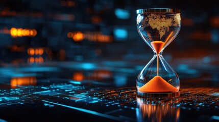 Hourglass on digital table symbolizing time management in big data and cloud storage with AI technology elements