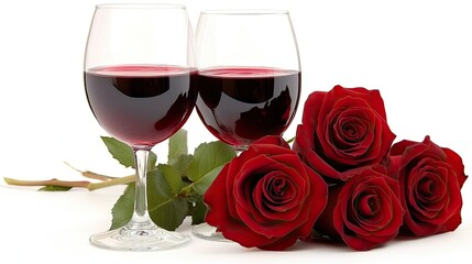 Romantic Setting with Two Glasses of Red Wine and Beautiful Red Roses on White Background