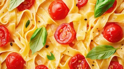 Delicious fettuccine pasta with cherry tomatoes fresh herbs and spices perfect for Italian cuisine or food photography.
