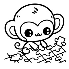 cute monkey playing a puzzle illustration for coloring books